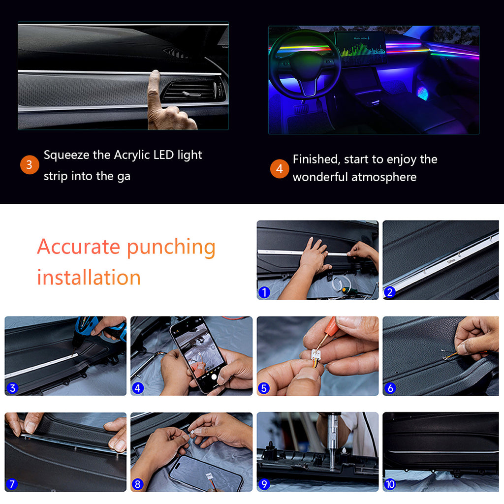 Universal Acrylic RGB LED Car Interior Ambient Lighting Strip Kit with App Control